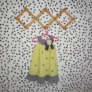 Rare, Too! Yellow Gingham Embroidered Bee Ruffle Hem Toddler Dress